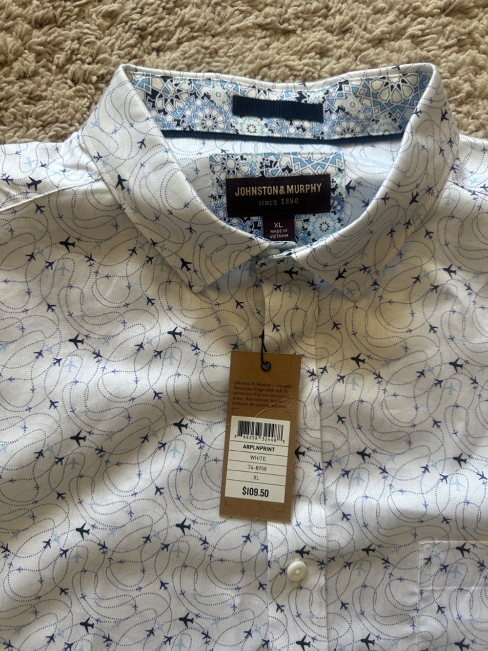 Johnston & Murphy Men's White Printed Button-Down Airplane Shirt Sz XL NWT - Picture 4 of 5